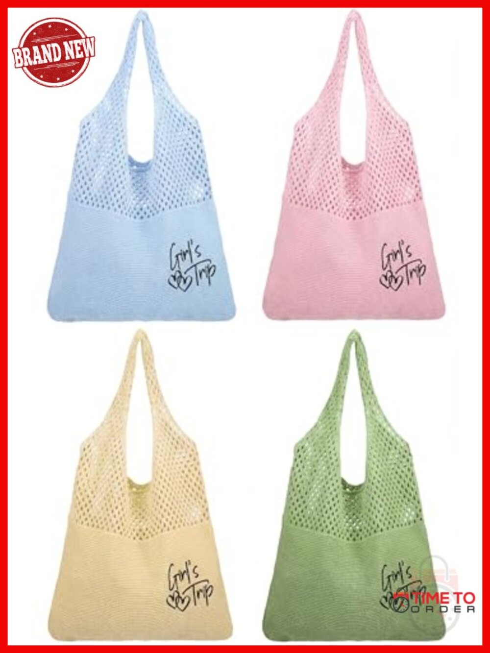 4 Embroidered Beach Mesh Tote Bags Set - Girls Trip Weekend Travel Totes
